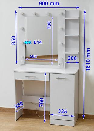 Туалетный столик трюмо и макияжное гримерное зеркало с полочками и подсветкой ширина 90 см белый9 фото