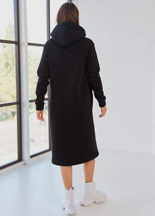 Платье - худи теплое из турецкой ткани на флисе хлопковое, с капюшоном, однотонное черное4 фото