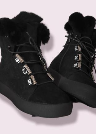 Зимние черные ботинки замшевые на цыгейке натурал для девочки