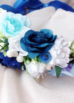 Віночок обідок блакитними синіми білими квітами, вінок длч весільного образу