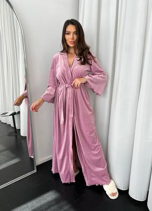 Женский комплект 2ка халат и пеньюар (ночнушка) пижама для дома и сна (велюр) розовый xs-s7 фото