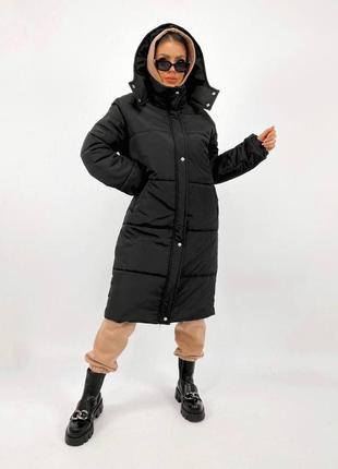Женская зимняя курточка, на кнопках и молнии, удлиненная, черная7 фото