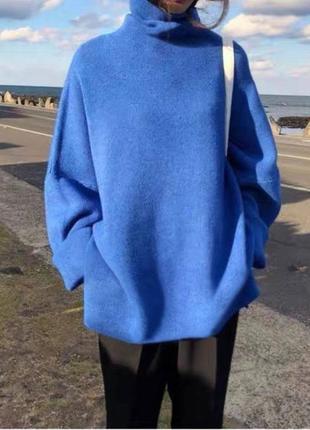 Теплый свитер из ангоры туника удлиненный свободного кроя с горлом оверсайз4 фото