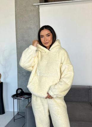 Пижама теплая кофта свободная капюшон с ушками карманы кенгуру рукав и низ резинка штаны прямые верх низ резинка ткань махра двусторонняя турецкая