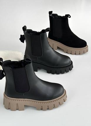Женские черные зимние натуральные ботинки челси на тракторной платформе2 фото