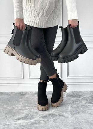 Женские черные зимние натуральные ботинки челси на тракторной платформе4 фото