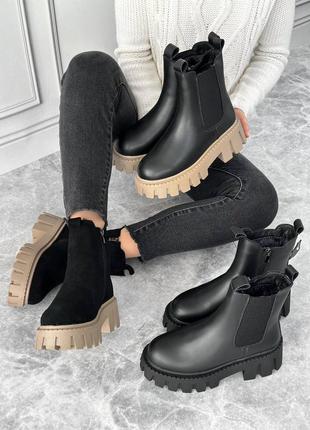 Женские черные зимние натуральные ботинки челси на тракторной платформе3 фото