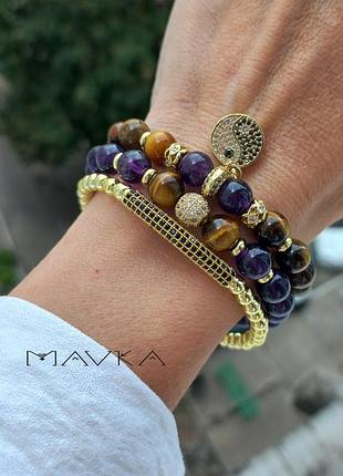 Сет з 3 браслетів "кориця з лавандою" браслет тигрове око аметист гематит