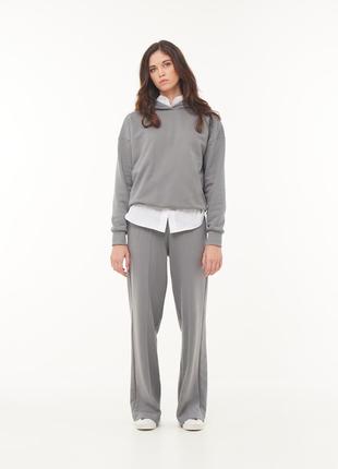Комплект трьохнитка худі з капюшоном та прямі брюки світло-сірий – таш1 фото