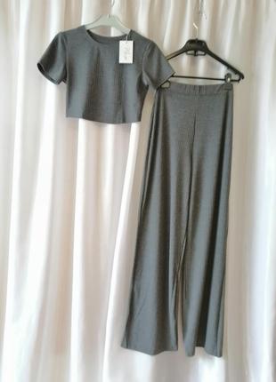 Літній костюм у рубчик укорочений топ футболка штани висока посадка палаццо розміри 42-44 і 46-48 ду