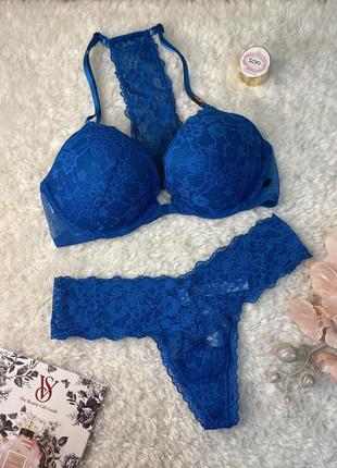 Комплект victoria's secret 34b xs s m бюстгальтер push up + трусики стринги кружевные бирюзовые