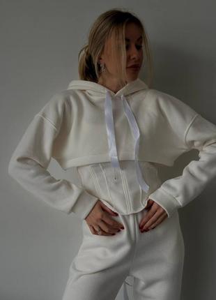 Трендовий костюм трійка на флісі теплий утеплений штани джоггери корсет кофта вкорочена худі