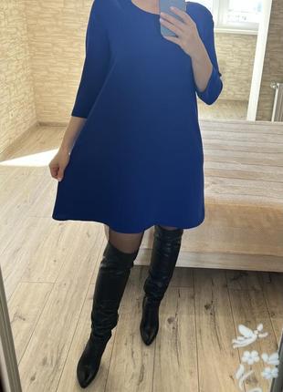 Короткое мини платье свободное трапеция синее4 фото