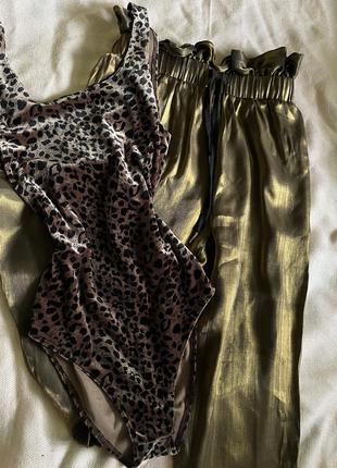 Комплект из боди и брюк зелено золотого бодик леопардового принта подарок девушке