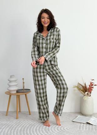 Теплая фланелевая пижама, теплый комплект для дома и сна в клетку, удобная пижама рубашка и штаны1 фото