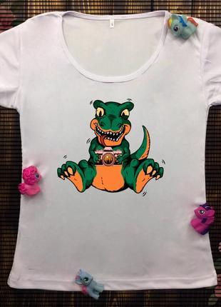 Женская футболка  с принтом - динозавр с фотоапаратом1 фото