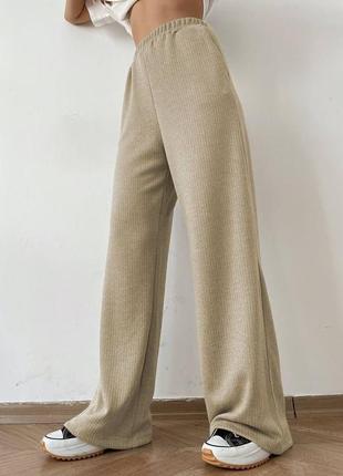 Теплые брюки рубчик палаццо широкие свободного кроя с высокой посадкой на резинке с карманами6 фото