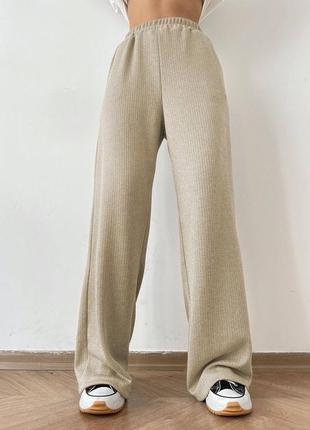 Теплые брюки рубчик палаццо широкие свободного кроя с высокой посадкой на резинке с карманами5 фото