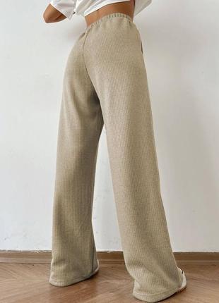 Теплые брюки рубчик палаццо широкие свободного кроя с высокой посадкой на резинке с карманами7 фото