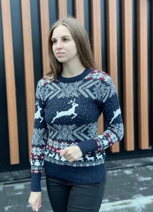Женский новогодний свитер джемпер синий с оленями без горла  one size