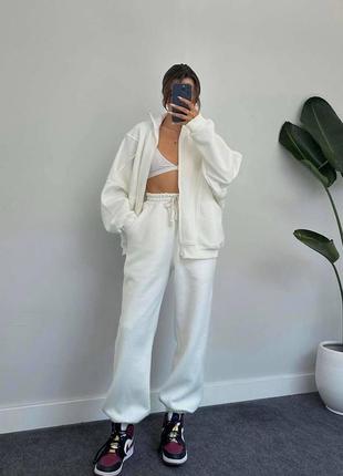 Теплый костюм на флисе утепленный худи на молнии свободного кроя оверсайз брюки джоггеры с высокой посадкой утеплен на резинке