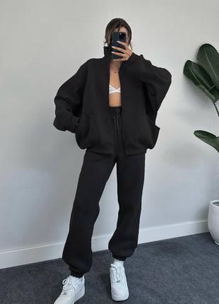 Теплый костюм на флисе утепленный худи на молнии свободного кроя оверсайз брюки джоггеры с высокой посадкой утеплен на резинке