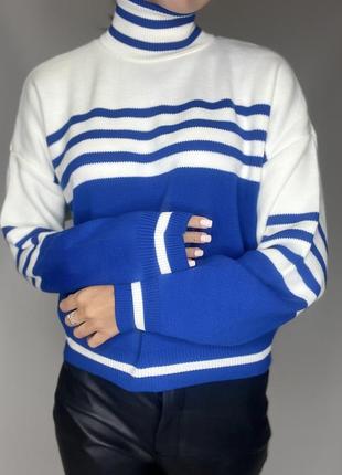 Женский пуловер синий в белую полоску3 фото