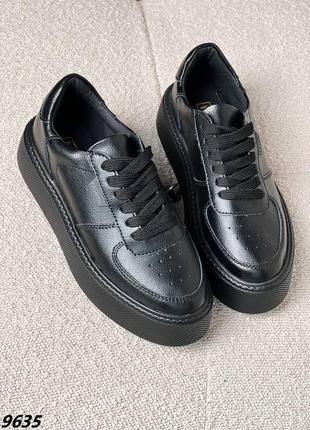 Черные кроссовки кеды на высокой подошве утолщенной из натуральной кожи4 фото