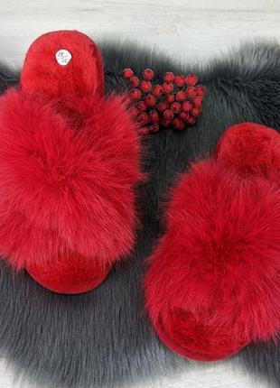 Тапочки меховые женские с переплетом красные 42675 фото