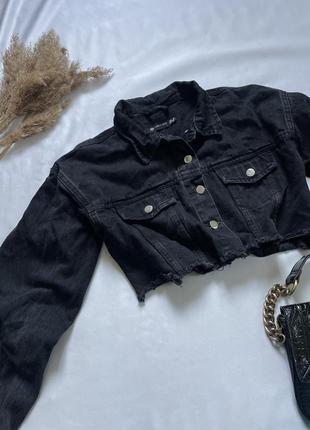 Трендова вкорочена джинсовка, чорна графітова джинсовка, джинсова куртка жіноча1 фото