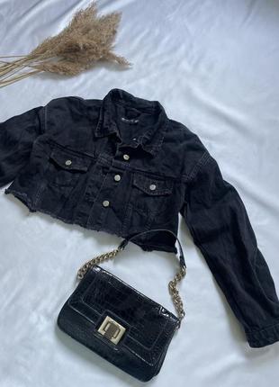 Трендова вкорочена джинсовка, чорна графітова джинсовка, джинсова куртка жіноча5 фото