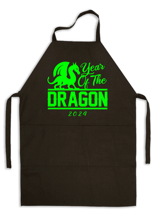 Фартух чорний кухонний з новорічним принтом "year of the dragon. dragon 2024. дракон 2024"