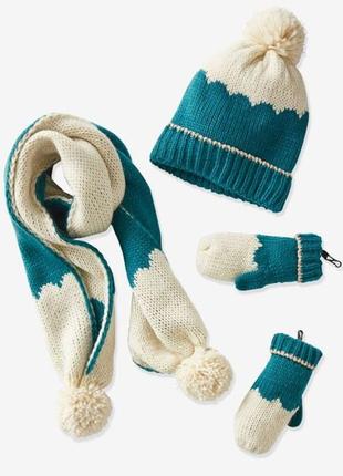 Практичний, в'язаний комплект для дівчинки  шапка, шарф, рукавички vertbaudet (великобританія)1 фото