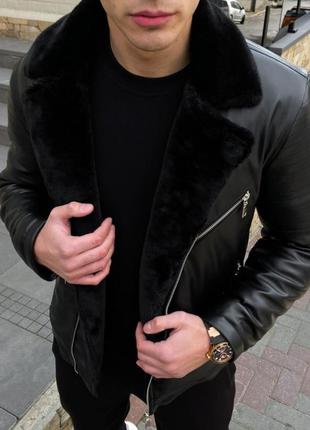 Зимняя кожаная куртка чёрная8 фото