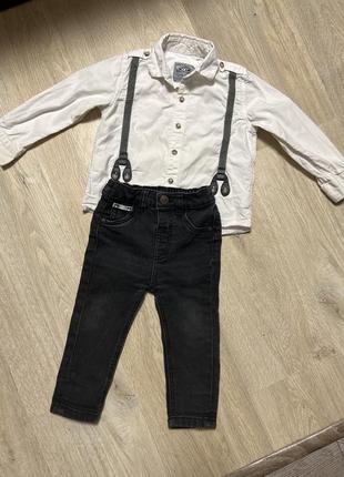 🎉стильный костюм для мальчика джинсы и рубашка с имитированными подтяжками next 1 год