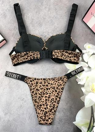 Женский комплект нижнего белья victoria's secret, белье виктория сикрет rhinestone с push-up леопардовый цвет6 фото