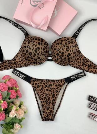 Женский комплект нижнего белья victoria's secret, белье виктория сикрет rhinestone с push-up леопардовый цвет3 фото