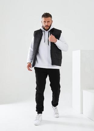 Тёплый мужской спортивный костюм тройка брюки худи кофта жилетка на флисе серый белый чёрный хаки графит