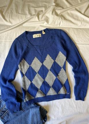 Теплый синий шерстяной свитер с добавлением ангоры