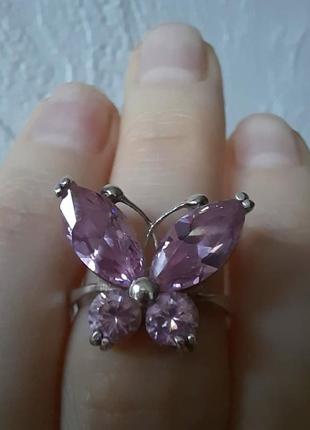 Серебряное кольцо 925 бабочка розовый фианит