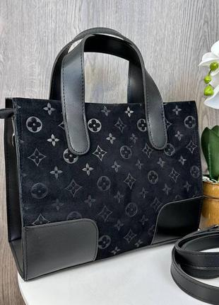 Женская замшевая сумка с тиснением черная, сумочка на плечо из натуральной замши2 фото