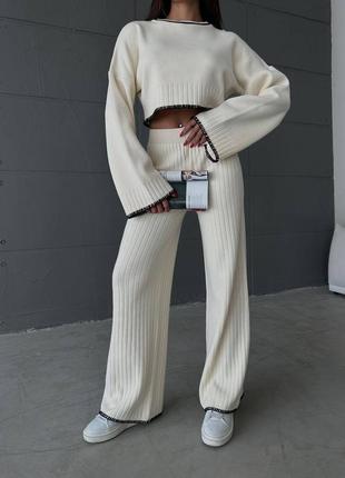 Трикотажный костюм турция укороченная кофта свитер + штаны палаццо прямого кроя