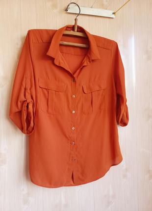 Кирпичная терракотовая блуза сорочка рубашка с карманами шифоновая h&m5 фото
