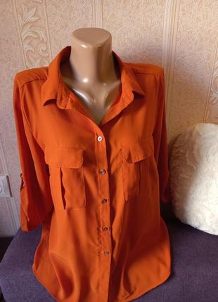 Кирпичная терракотовая блуза сорочка рубашка с карманами шифоновая h&m3 фото