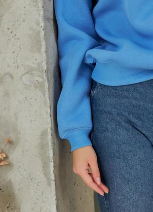 Свитшот женский теплый на флисе из турецкой ткани, хлопковый, базовый, оверсайз однотонный, голубой4 фото