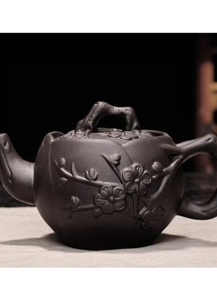 Чайник "цветения сливы" черный 550мл, чайник глиняный, чайник с исинской глины