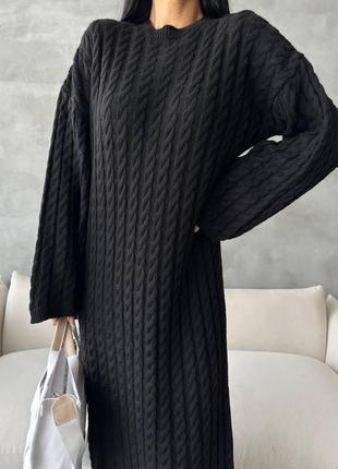 Стильна жіноча в'язана сукня чорного кольору, подовжена в'язана сукня оверсайз2 фото
