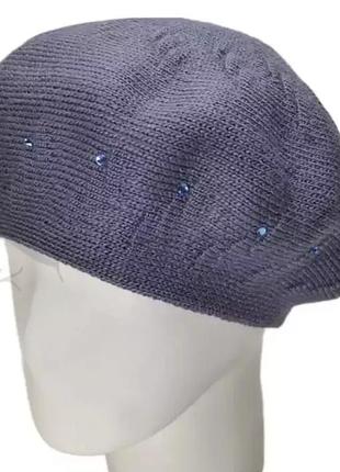 Женский берет шерстяной двойной зимний теплый беретка с аккуратным узором lirus кіра джинс