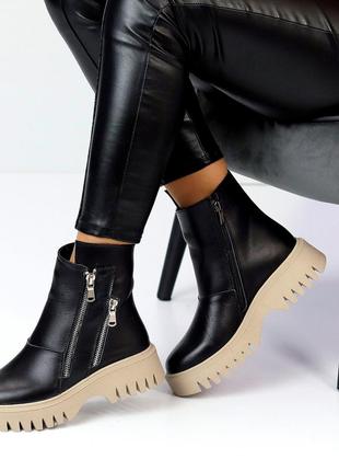 Зимові натуральні шкіряні ботинки чорного кольору, трендові жіночі черевики на блискавці