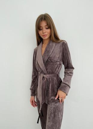 Пижама женская 090 укороченный халат и завышенные брюки плюш велюр с хлопком капучино9 фото